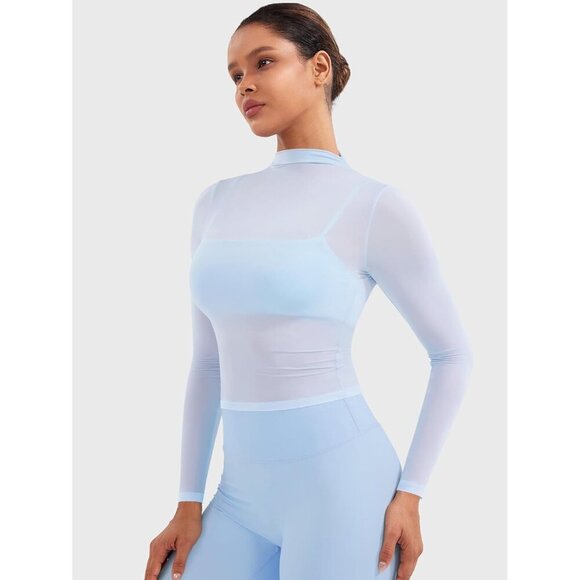 Womens Sheer Lightweight Long Sleeve Tops Slim Fit See Through Casual - Picture 4 of 6